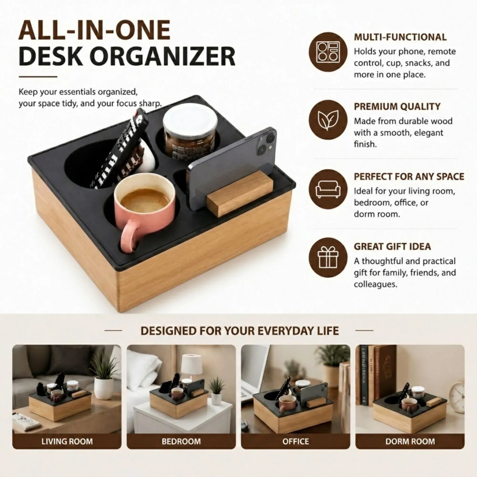 CARLA HOME Couch Cup Holder Tray, Wood Sofa Caddy, Antislip, Living Room