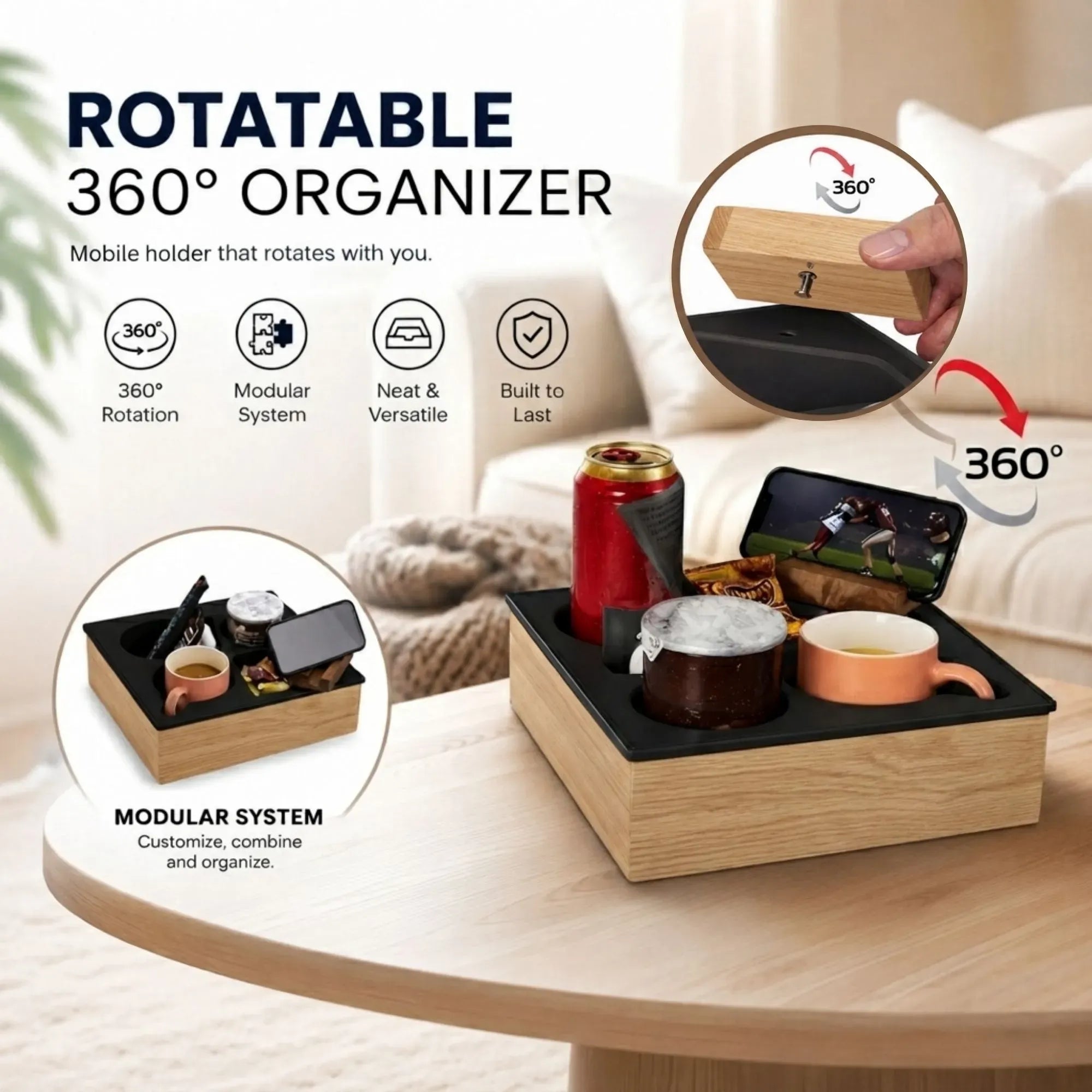 CARLA HOME Couch Cup Holder Tray, Wood Sofa Caddy, Antislip, Living Room