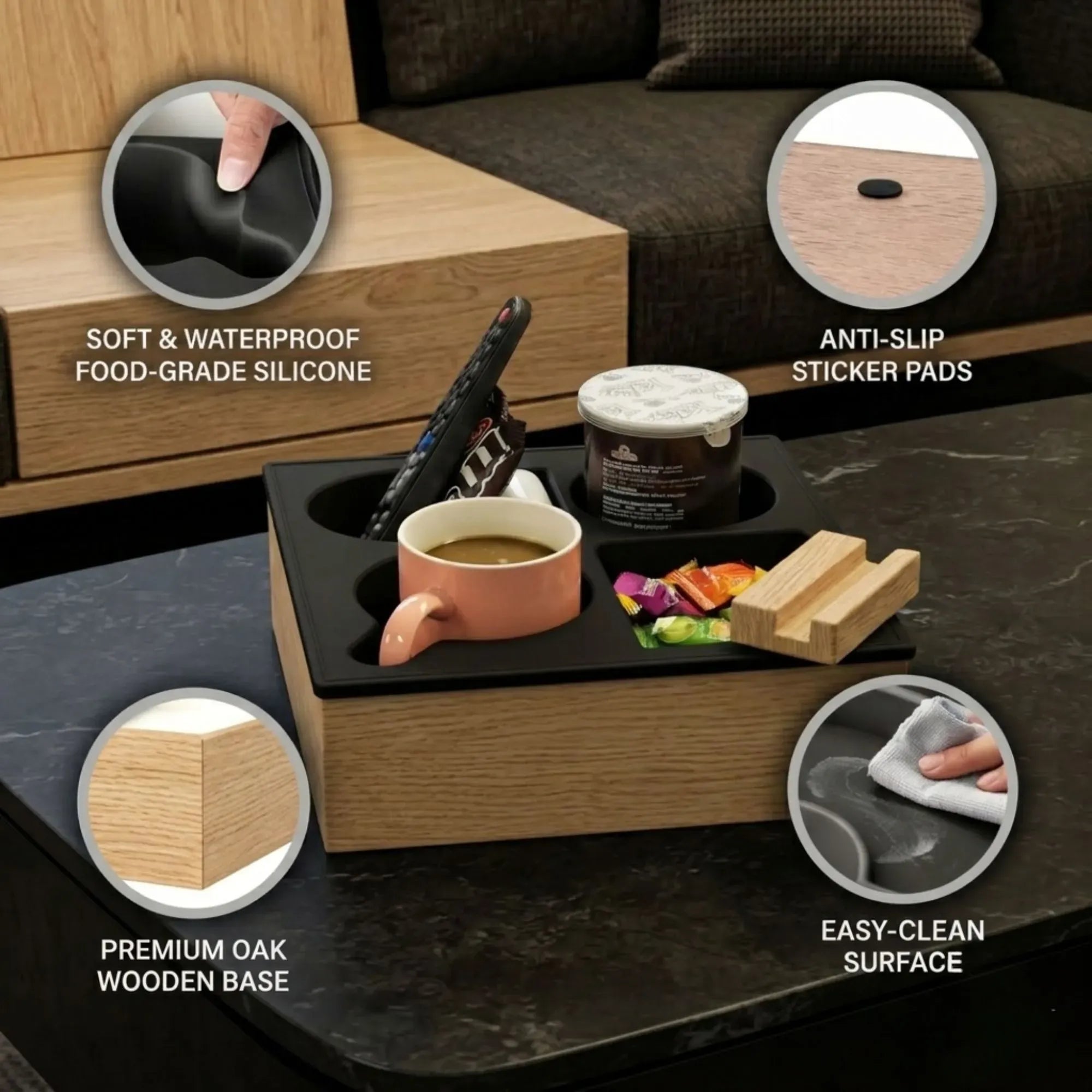 CARLA HOME Couch Cup Holder Tray, Wood Sofa Caddy, Antislip, Living Room