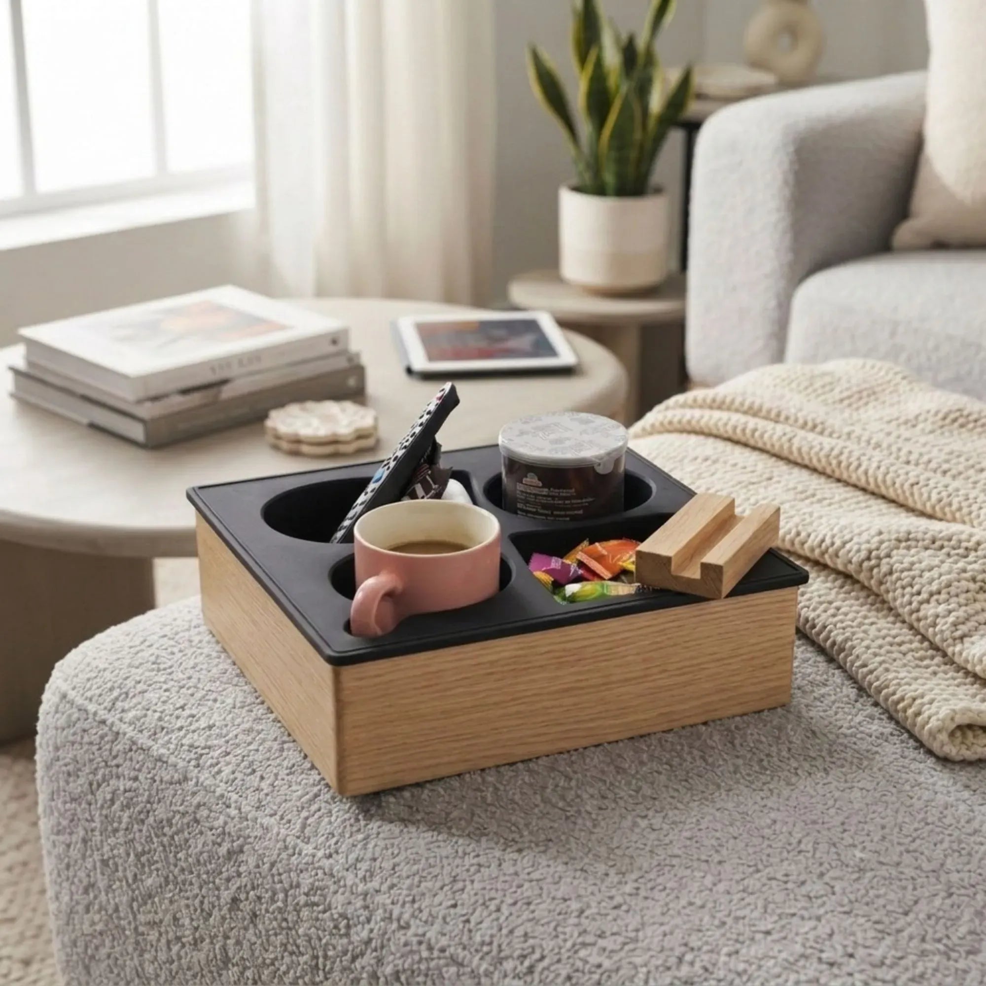 CARLA HOME Couch Cup Holder Tray, Wood Sofa Caddy, Antislip, Living Room