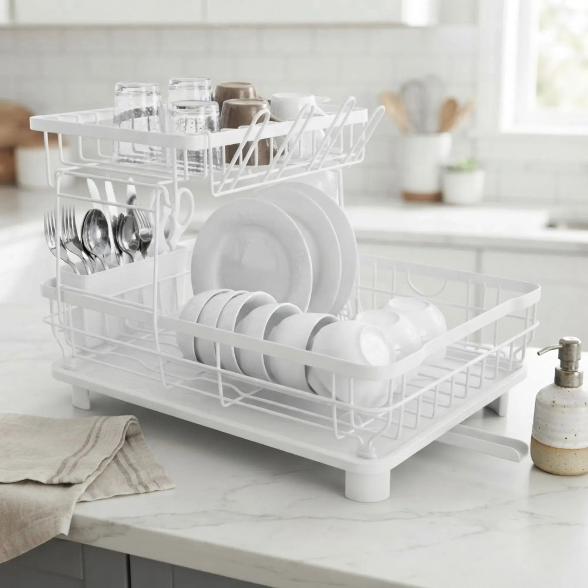 CARLA HOME 2 tier Dish Drying Rack with Drainboard & Utensil Holder for Kitchen (White)