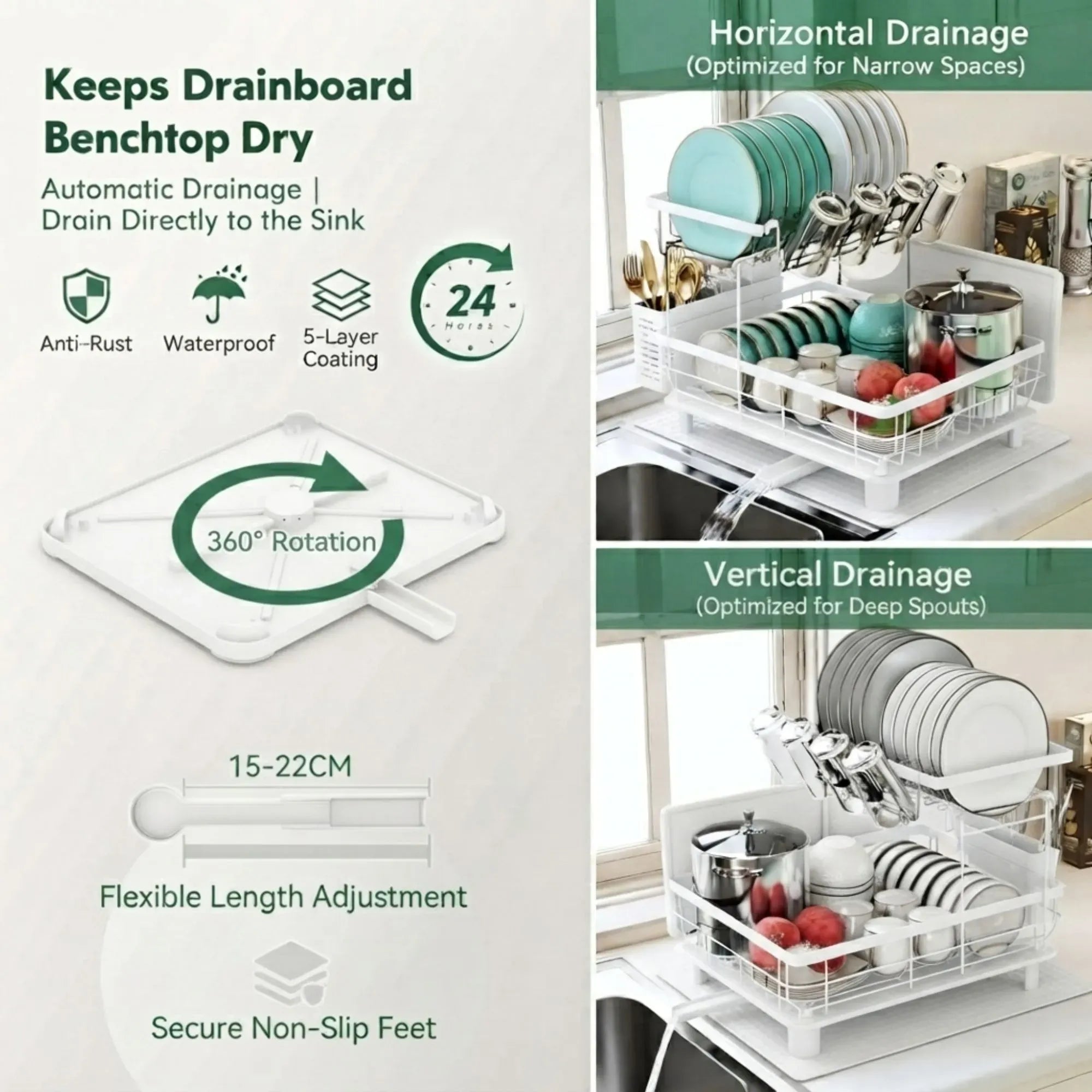CARLA HOME 2 tier Dish Drying Rack with Drainboard & Utensil Holder for Kitchen (White)