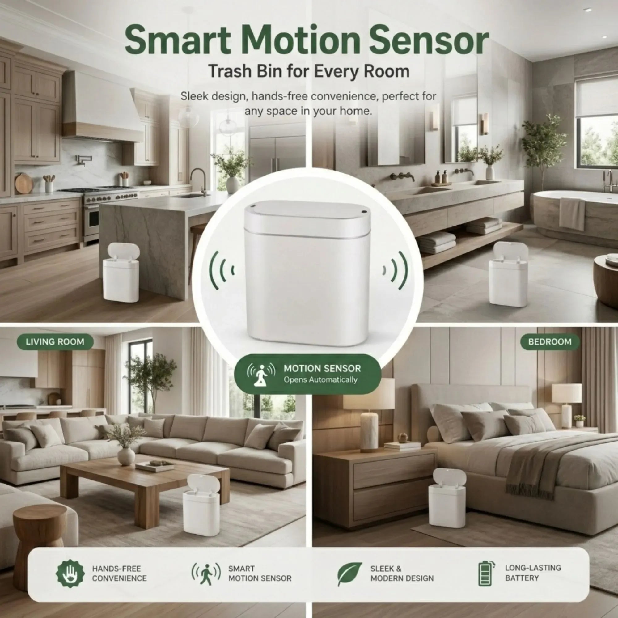 CARLA HOME 2-Pack Motion Sensor Trash Can - Touchless Bin - White - Smart Sensor Trash Can