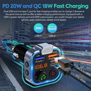 Bluetooth 5.0 FM Transmitter Car Adapter with PD 20W Fast Charger and Dual USB Ports in Black