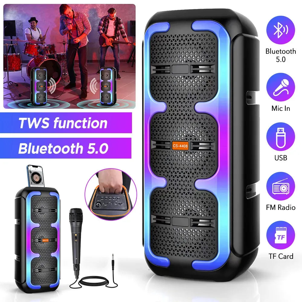 Portable Black Wireless Bluetooth Speaker with Dual Stereo Subwoofer and RGB Lights