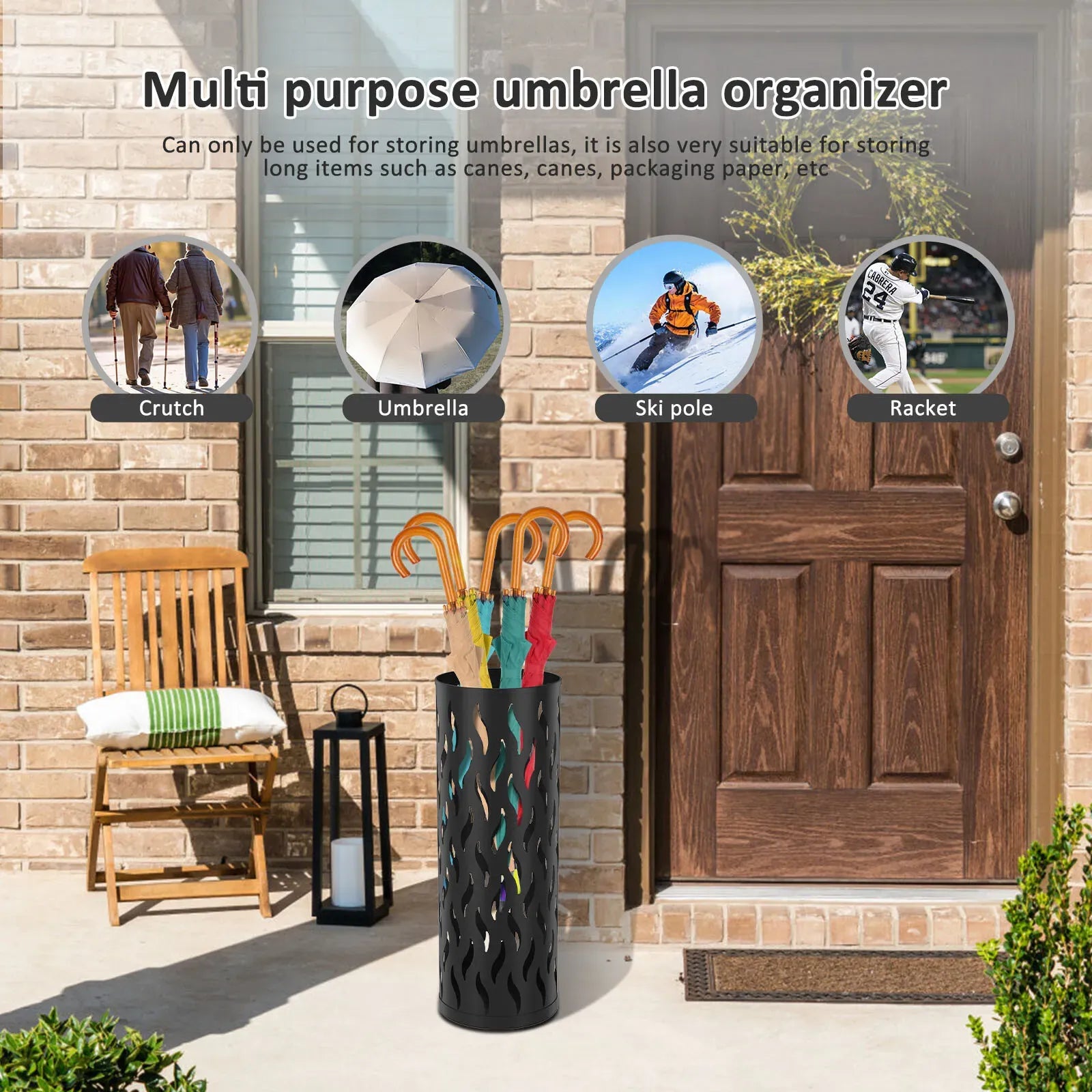 Metal Umbrella Stand in Black - Hollowed Design, 15x15x42cm, Holds 4-6 Long Umbrellas