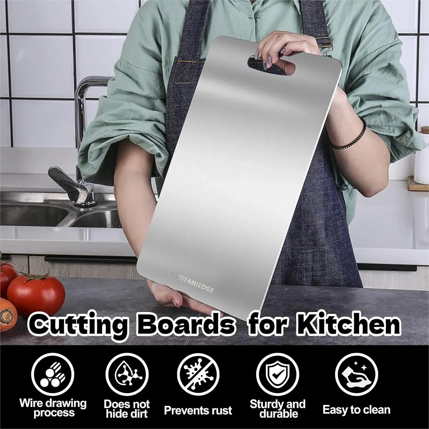 Double-Sided Titanium Cutting Board in Silver, 34x23cm