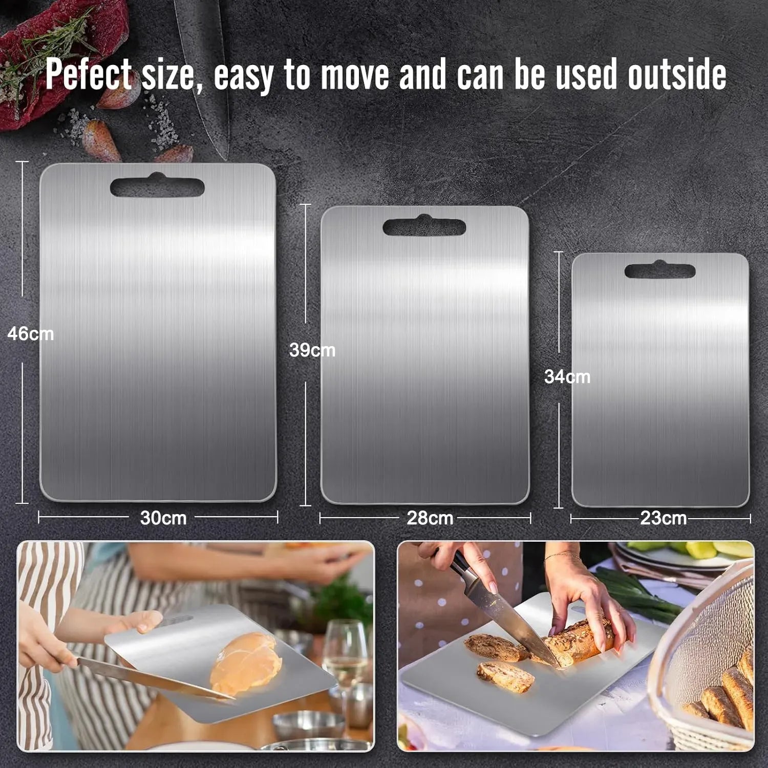 Double-Sided Titanium Cutting Board in Silver, 39x28cm for Kitchen and Camping