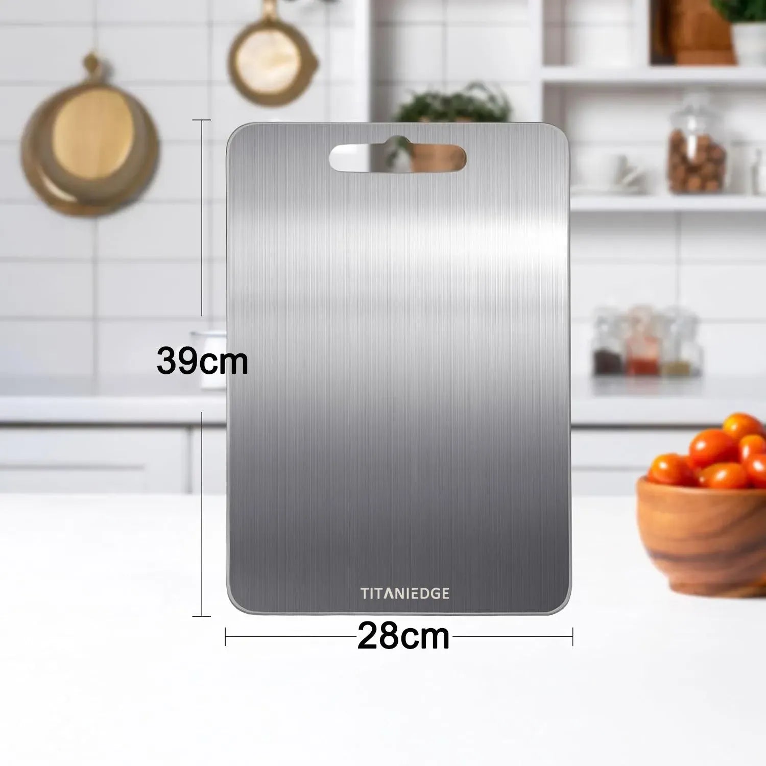 Double-Sided Titanium Cutting Board in Silver, 39x28cm for Kitchen and Camping