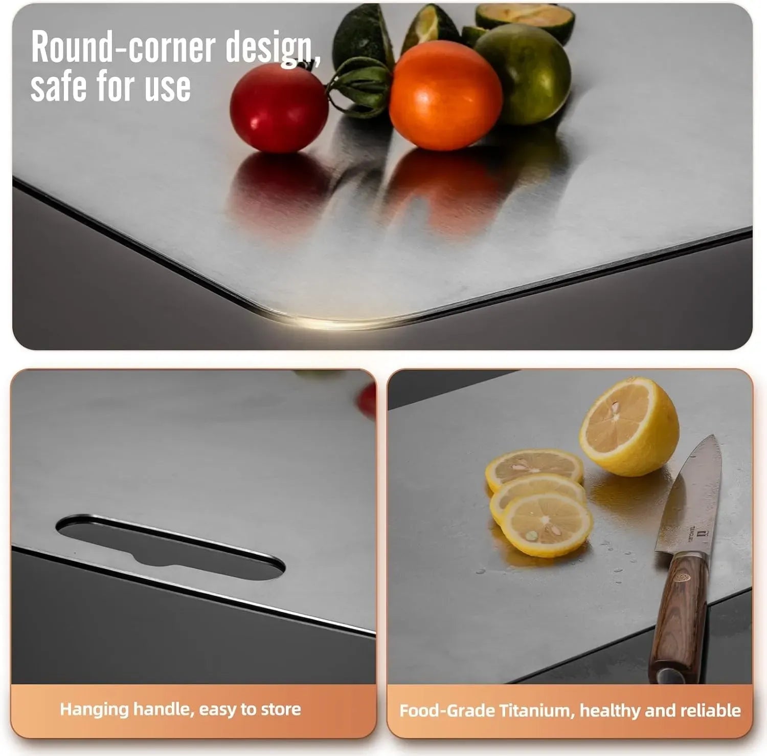 Double-Sided Titanium Cutting Board in Silver, 29x20cm, Ideal for Kitchen and Camping
