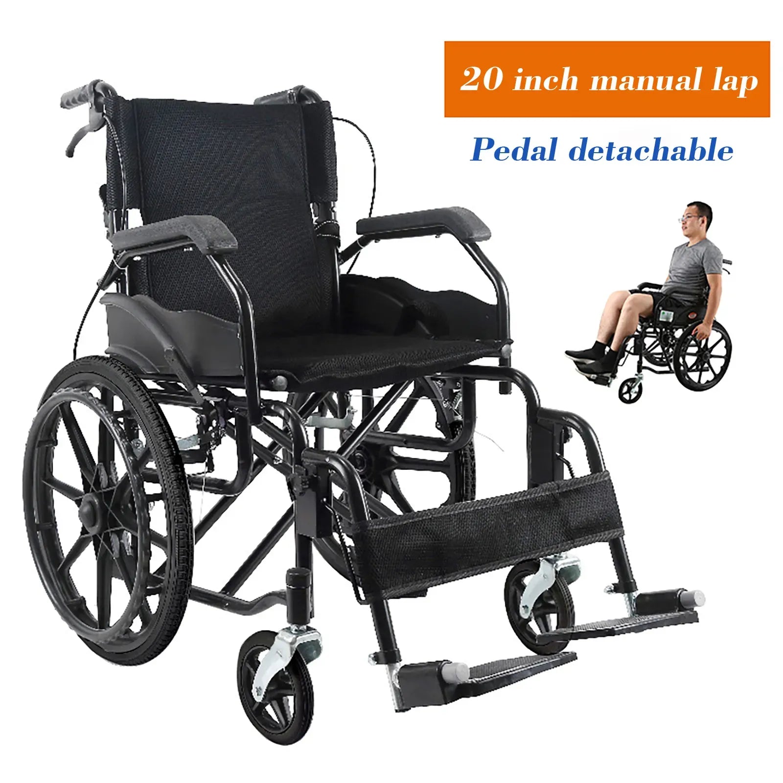 Black Wheelchair Lightweight 20" Black Self-Propelled Folding Wheelchair for Travel