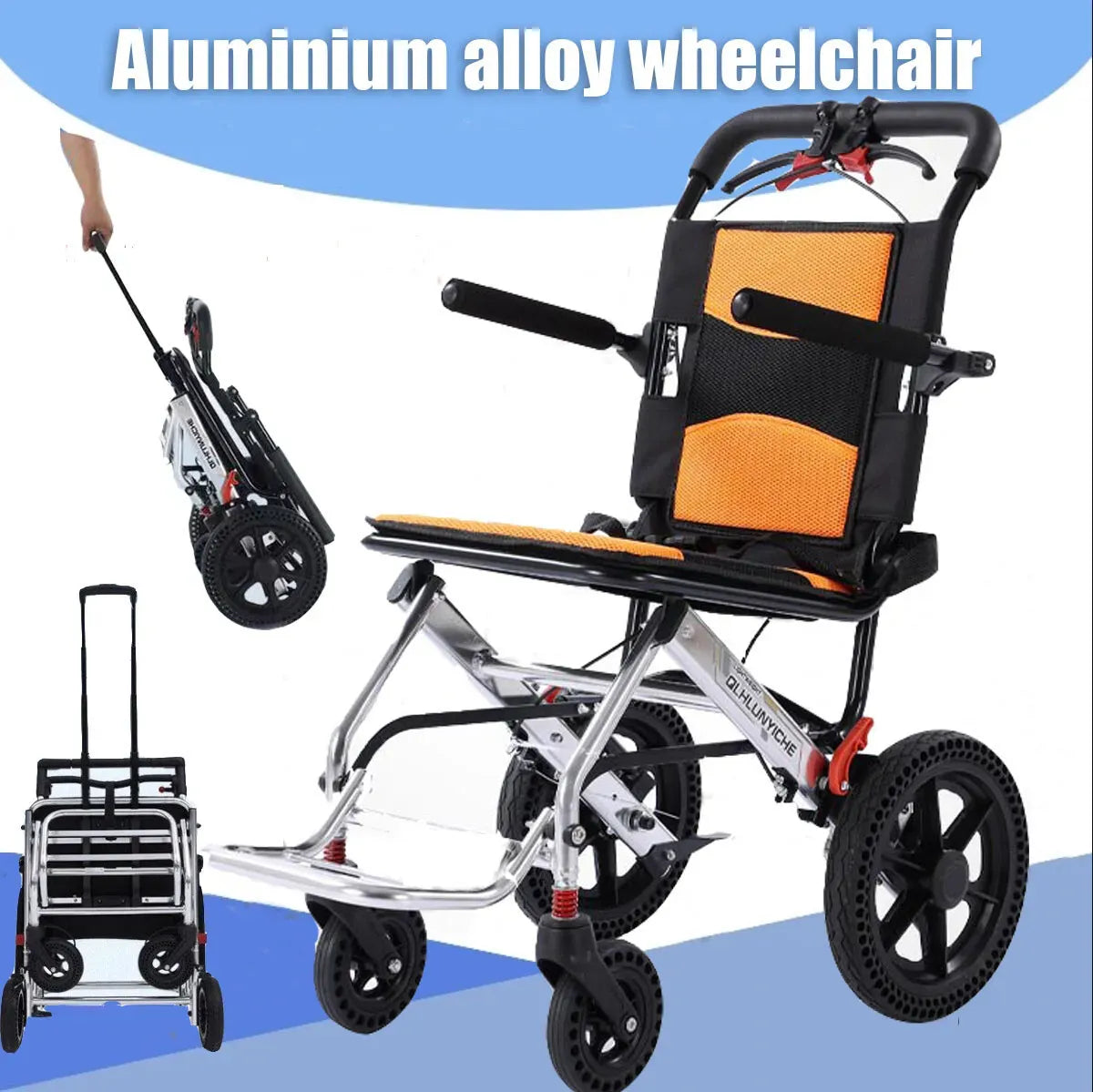 Portable Foldable Manual Wheelchair in Orange - Lightweight Travel Design, 100kg Capacity