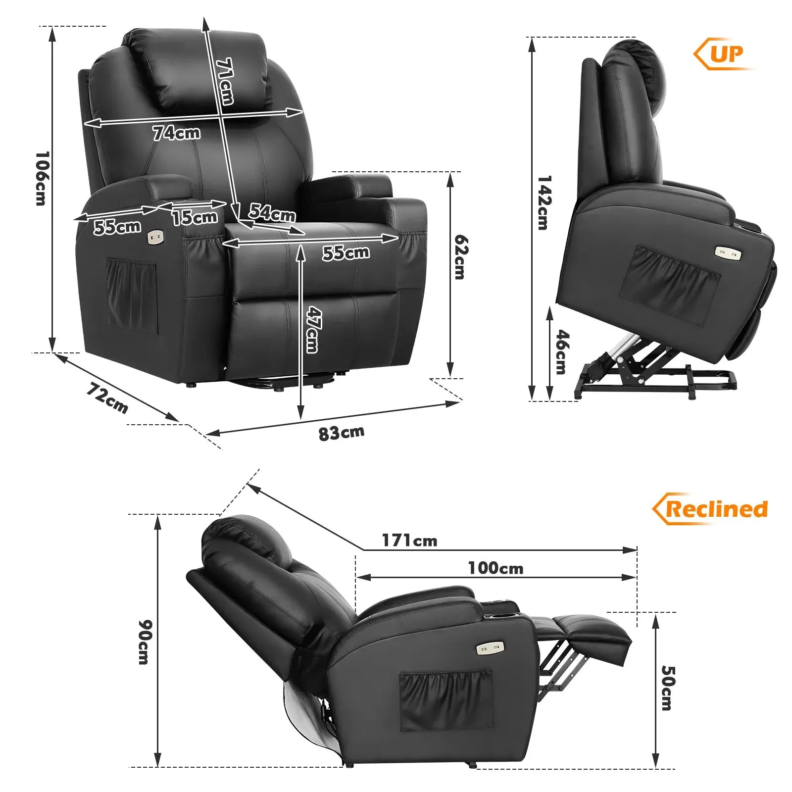 Brown Electric Massage Recliner Chair in Black with Heating and Vibration, 108x100x85cm