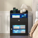 Black Bedside Table with Acrylic Door, Charging Station and RGB LED Light
