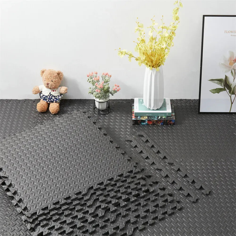 Black Interlocking Heavy Duty EVA Foam Gym Flooring Mats - 60x60cm - 12 Tiles