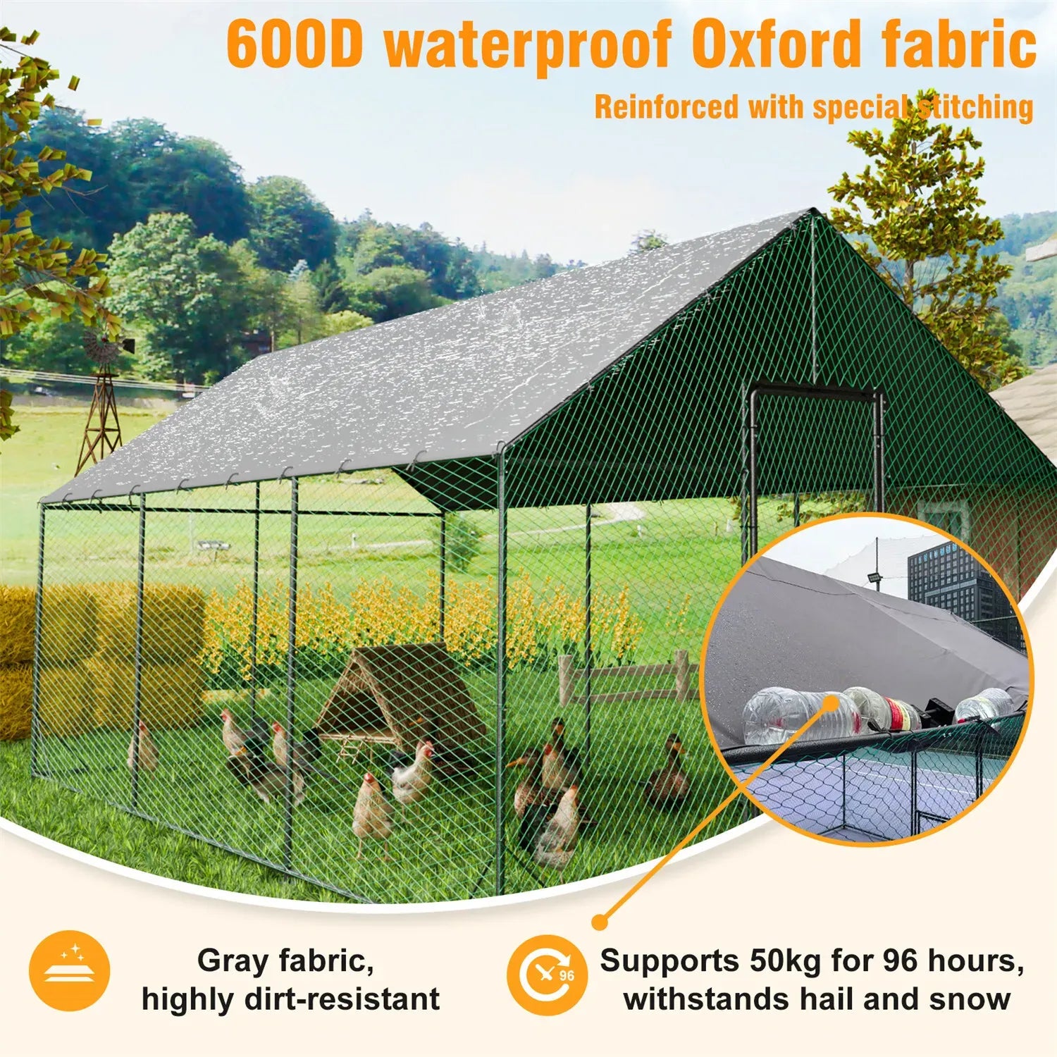 Heavy Duty Large Black Metal Walk-In Chicken Run Coop with Cover, 276x207x300cm