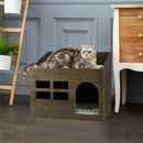 Large Solid Wooden Cat House in Deep Brown with Soft Cushion, 47.3x35x42cm