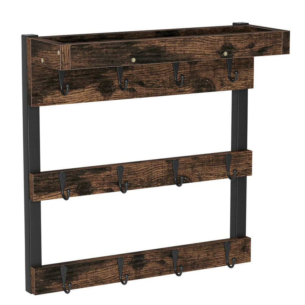 Wooden Wall Mounted Coffee Mug Rack 12 Hooks Cup Holder