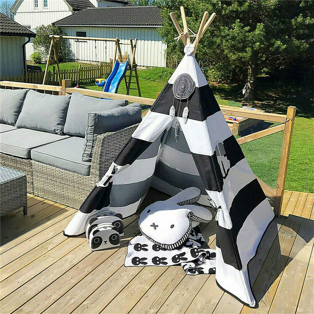Kids Teepee Tent Linen Wood Black White Stripe Playhouse Indoor Garden