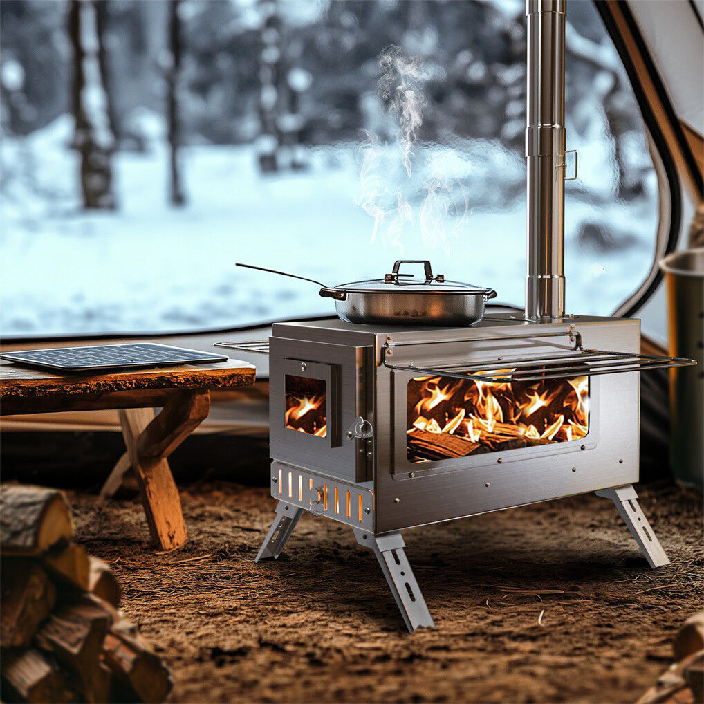 Stainless Steel Wood Burning Stove 1 Burner Camping BBQ with Chimney