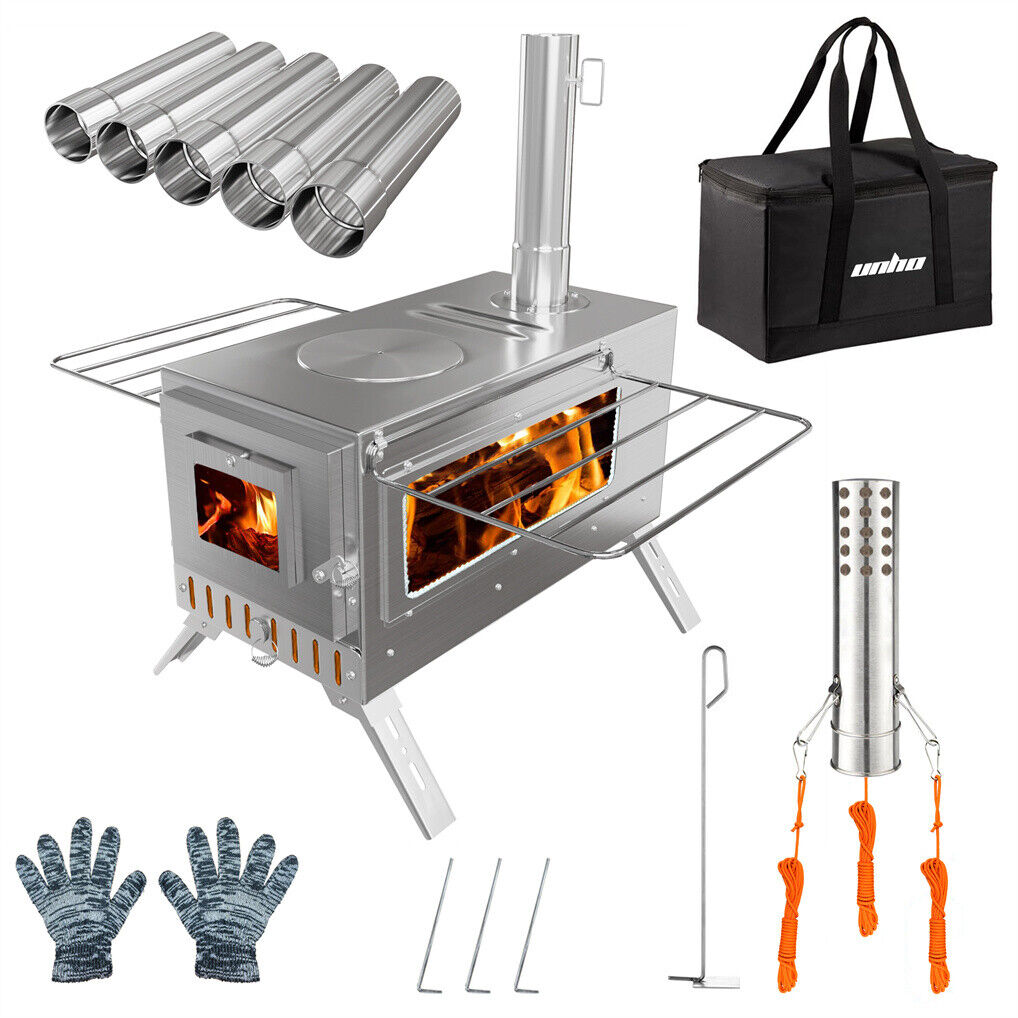 Stainless Steel Wood Burning Stove 1 Burner Camping BBQ with Chimney