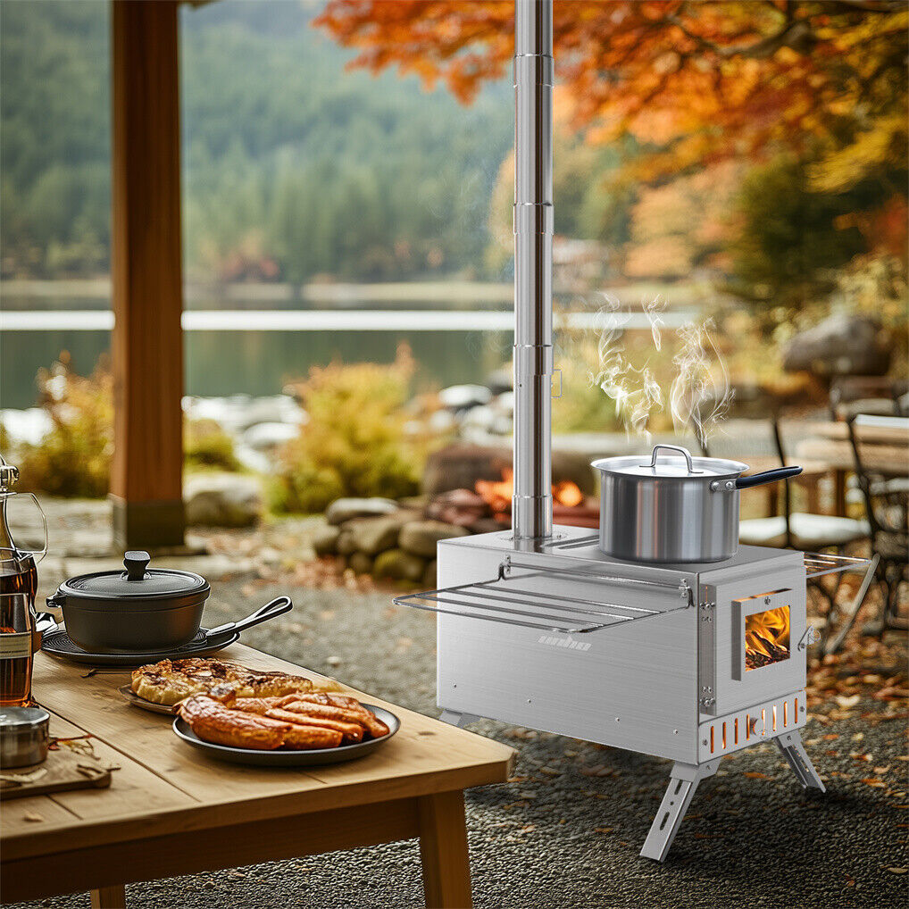 Stainless Steel Wood Burning Stove 1 Burner Camping BBQ with Chimney