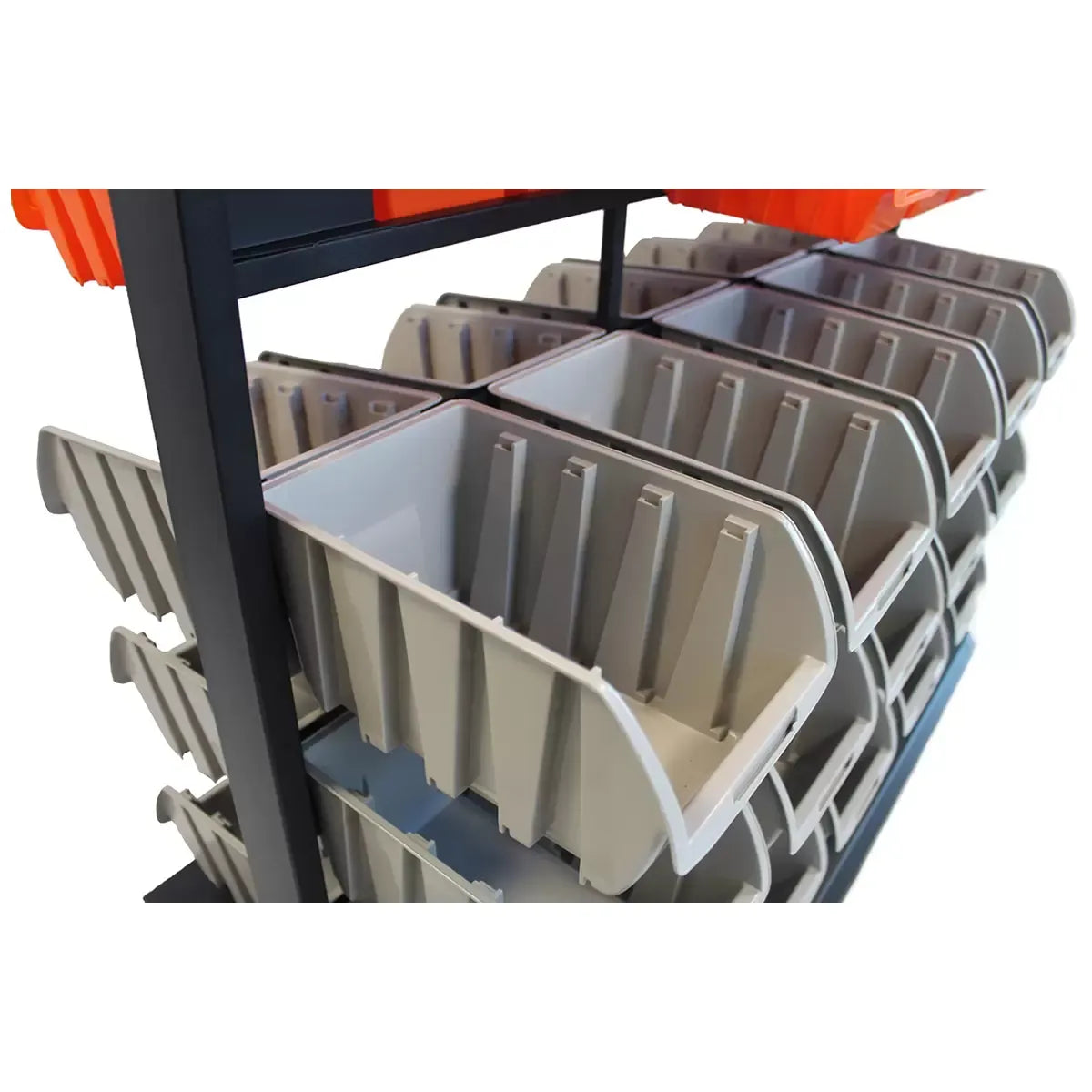 Black Dual Sided Bin Rack with 64 Orange Bins and 30 Grey Bins for Home, Garage, or Workshop Storage