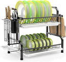 Stainless Steel 2-Tier Dish Drying Rack with Utensil Holder, Cutting Board Holder and Dish Drainer for Kitchen Counter (Black)