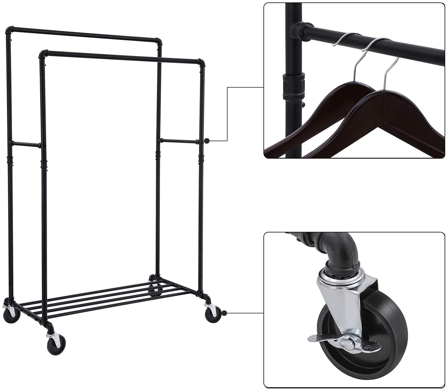 Industrial Pipe Clothes Rack Wheels, 110Kg load