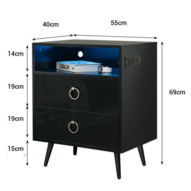 Amelia Modern LED Bedside table with USB and power socket black x 2