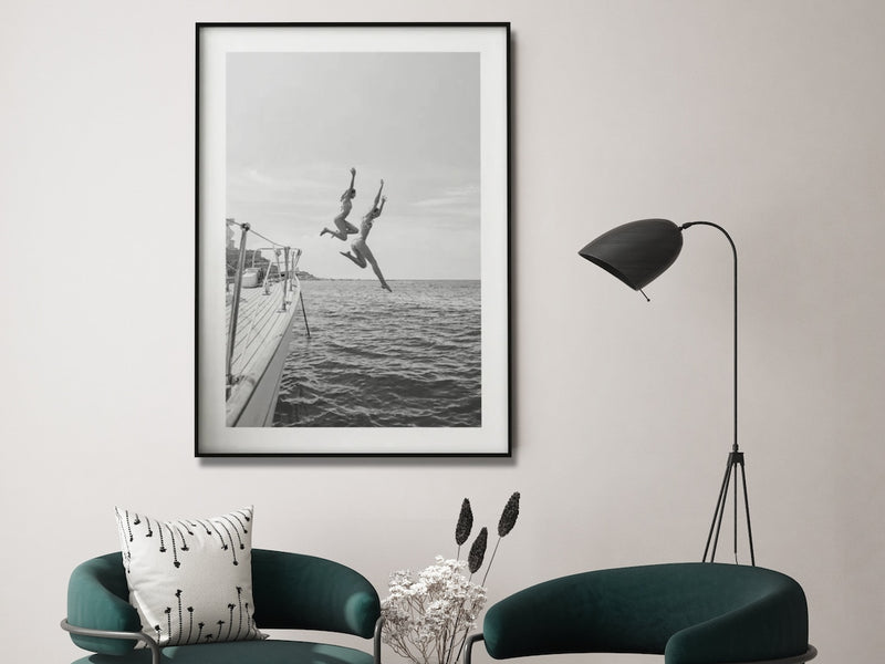 Wall Art 100cmx150cm Black and White Ocean Jump, Black Frame Canvas