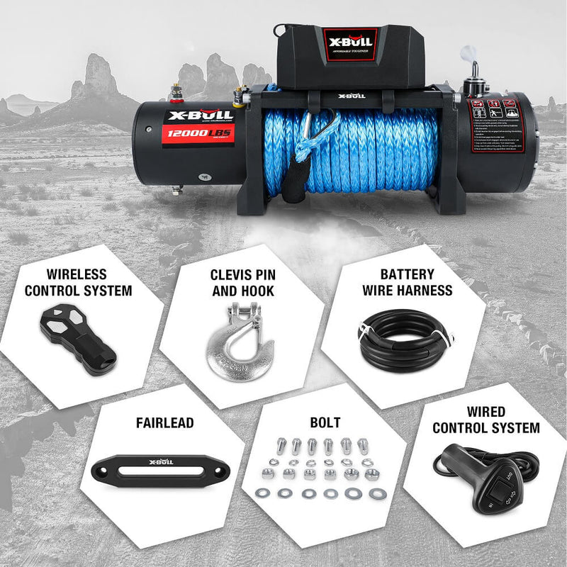 X-BULL 12000LB Electric Winch 12V synthetic rope 4WD with Recovery Tracks Gen3.0 Black