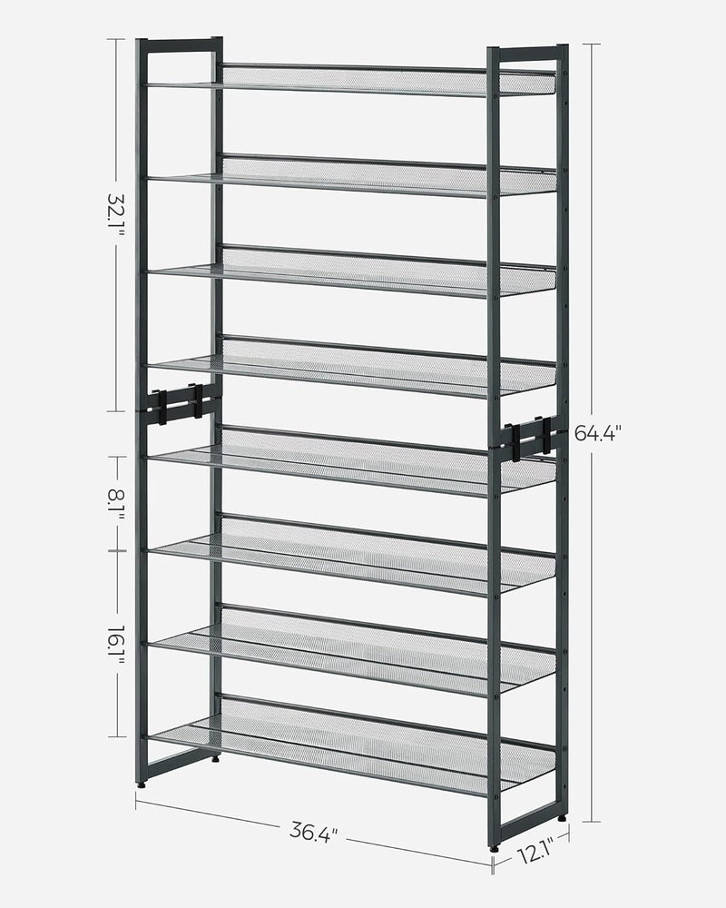 SONGMICS 8-Tier Shoe Rack Storage 32 pairs with Adjustable Shelves Gray