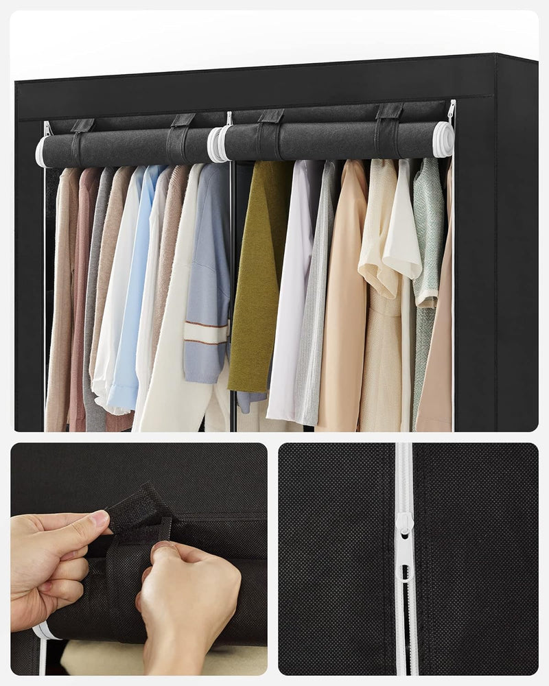 SONGMICS Clothes Wardrobe Portable Closet with Cover and 3 Hanging Rails Black