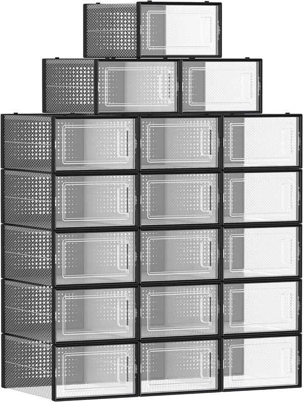 SONGMICS 18 Pack Foldable Stackable Shoe Boxes Max AU Size 11 Black Transparent