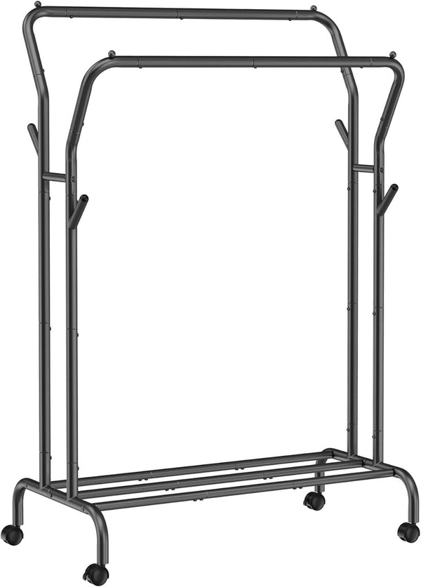 SONGMICS Metal Clothes Rack Garment Double Rail with Wheels and Shelf Black HSR107B01V1