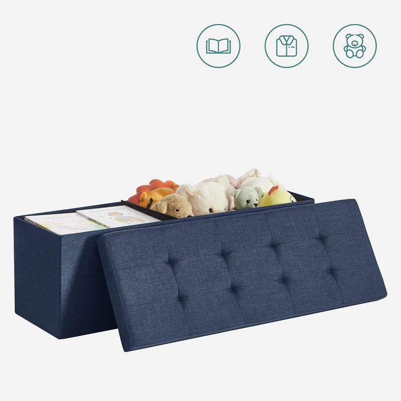 SONGMICS 110cm Foldable Bench with Storage Space and Metal Divider Grid Navy Blue