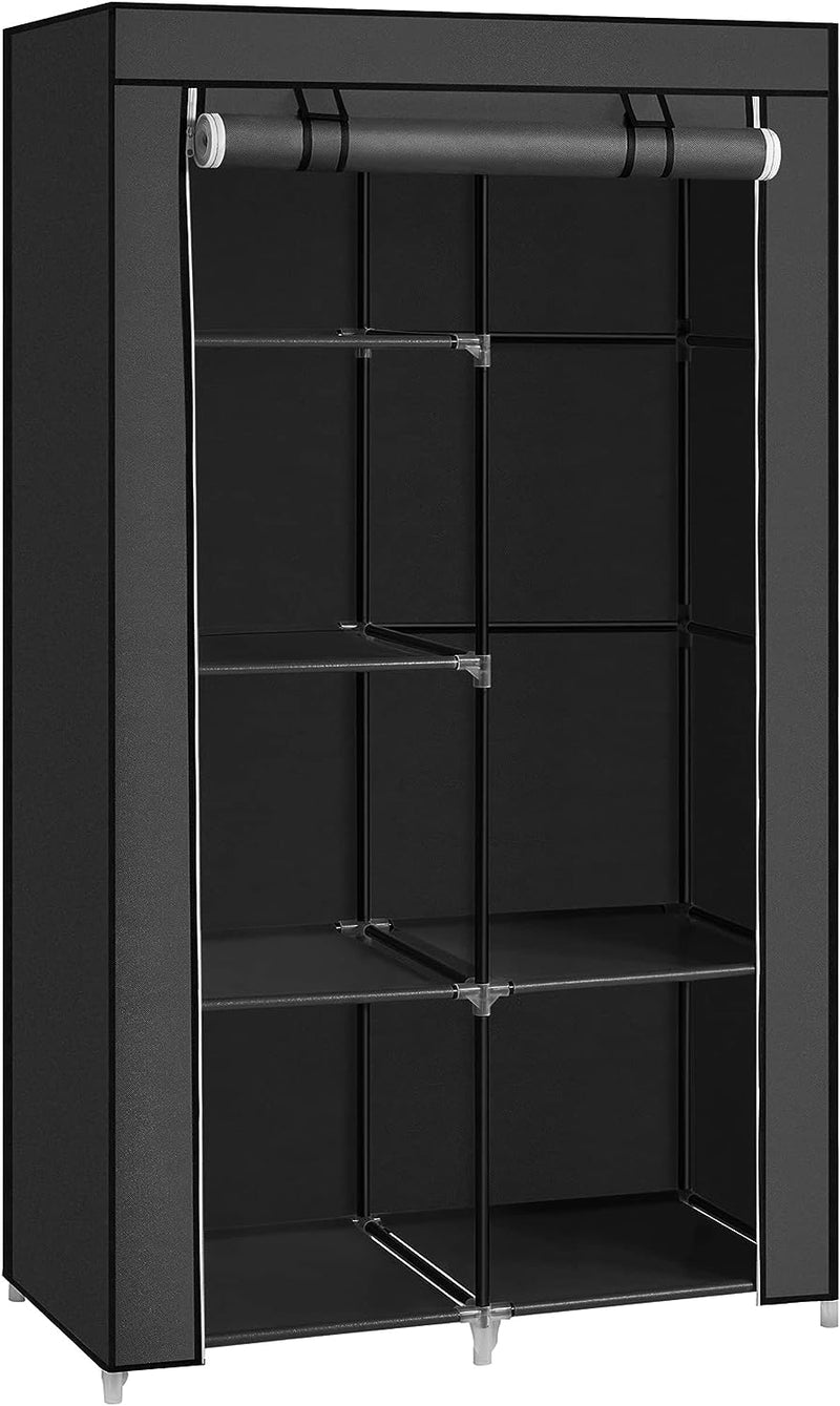 SONGMICS Portable Clothes Storage with 6 Shelves and 1 Clothes Hanging Rail Black