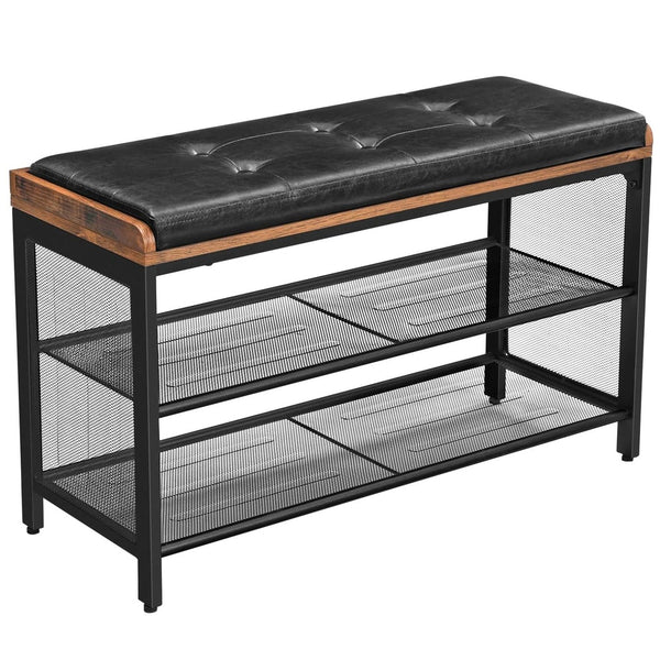 VASAGLE Shoe Bench Padded Bench with Mesh Shelf Shoe Rack Brown Black