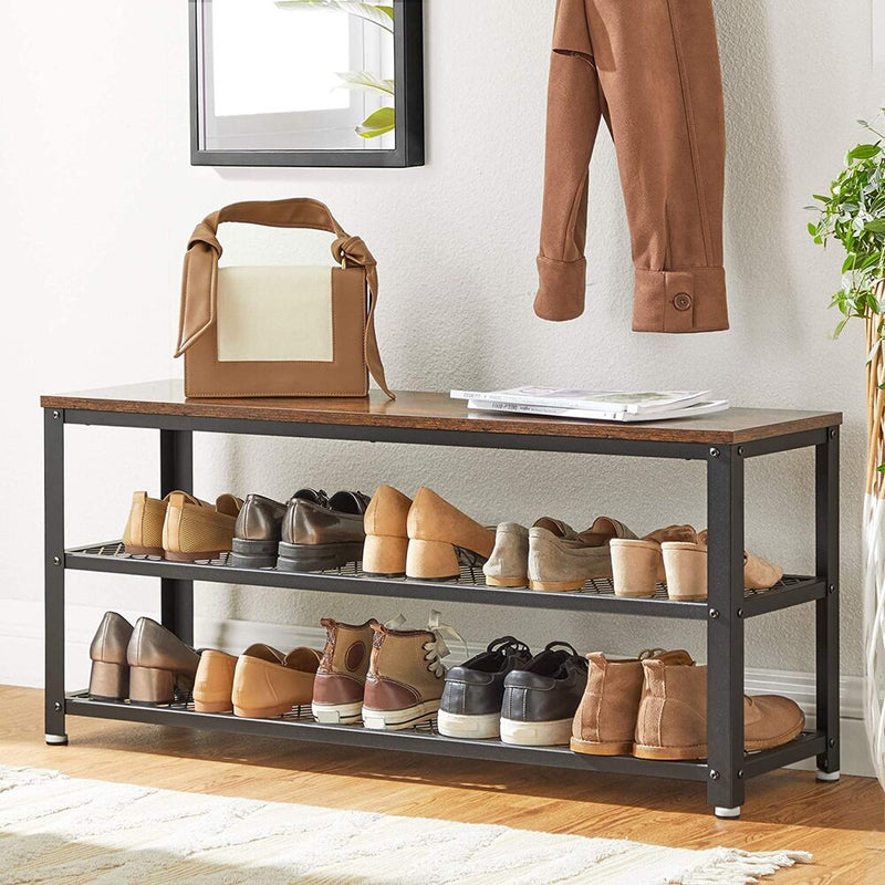 VASAGLE Shoe Bench Rack with 2 Shelves Rustic Brown and Black