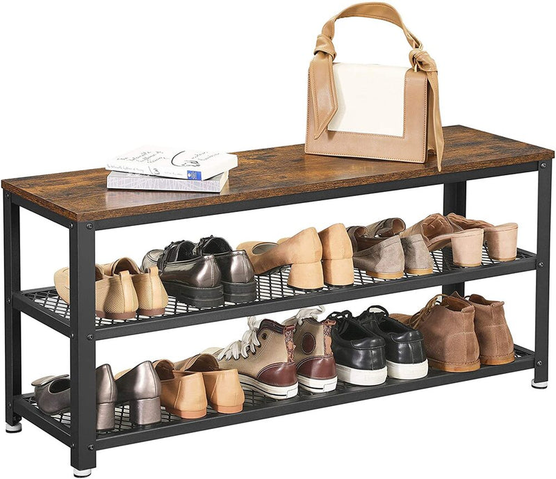 VASAGLE Shoe Bench Rack with 2 Shelves Rustic Brown and Black