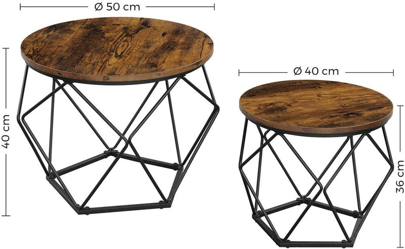 VASAGLE Coffee Tables Set of 2 Side Tables Robust Steel Frame for Living Room Bedroom Rustic Brown and Black