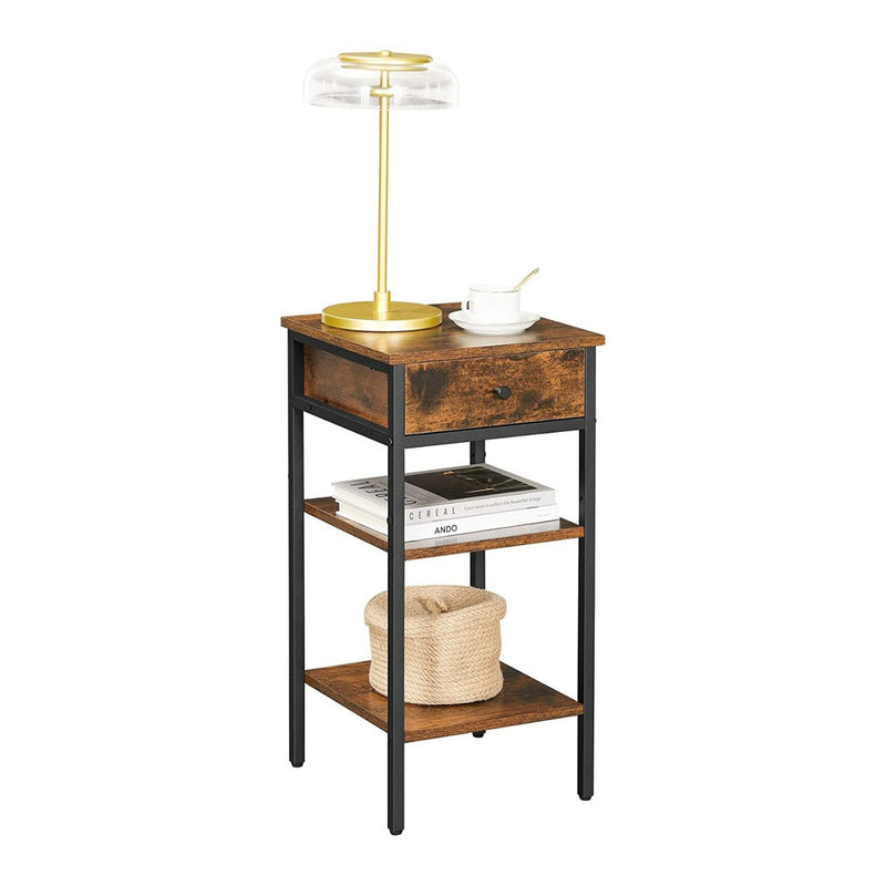 VASAGLE Nightstand End Table with a Drawer and 2 Storage Shelves Industrial Rustic Brown and Black