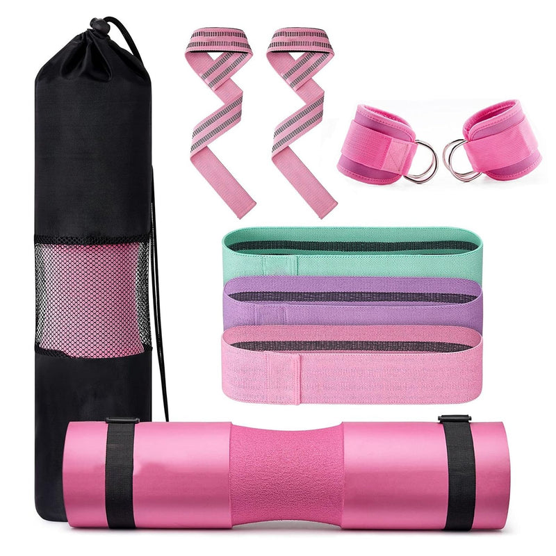 VERPEAK Barbell Squat Pad set,2 Safety Straps, 3 Hip Resistance Bands, 2 Lifting Strap, Barbell Pad and Bag (Pink)