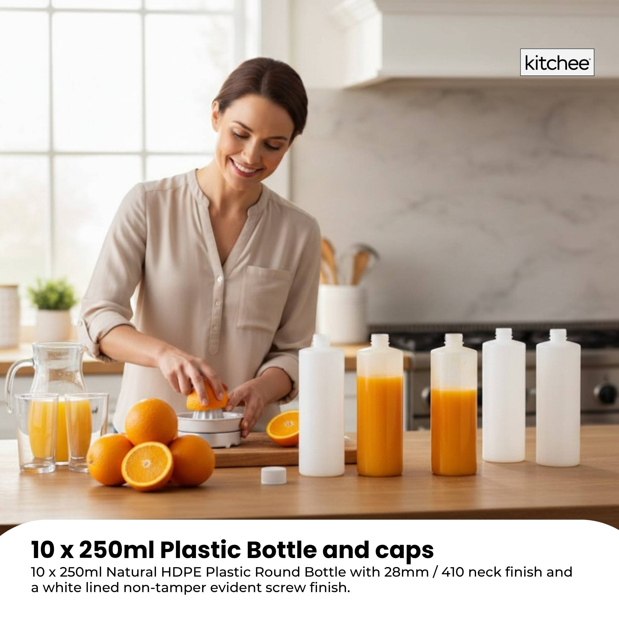 Kitchee 10x 250ml Natural HDPE Round Bottle + 28/410 Caps - Empty Plastic Food Storage