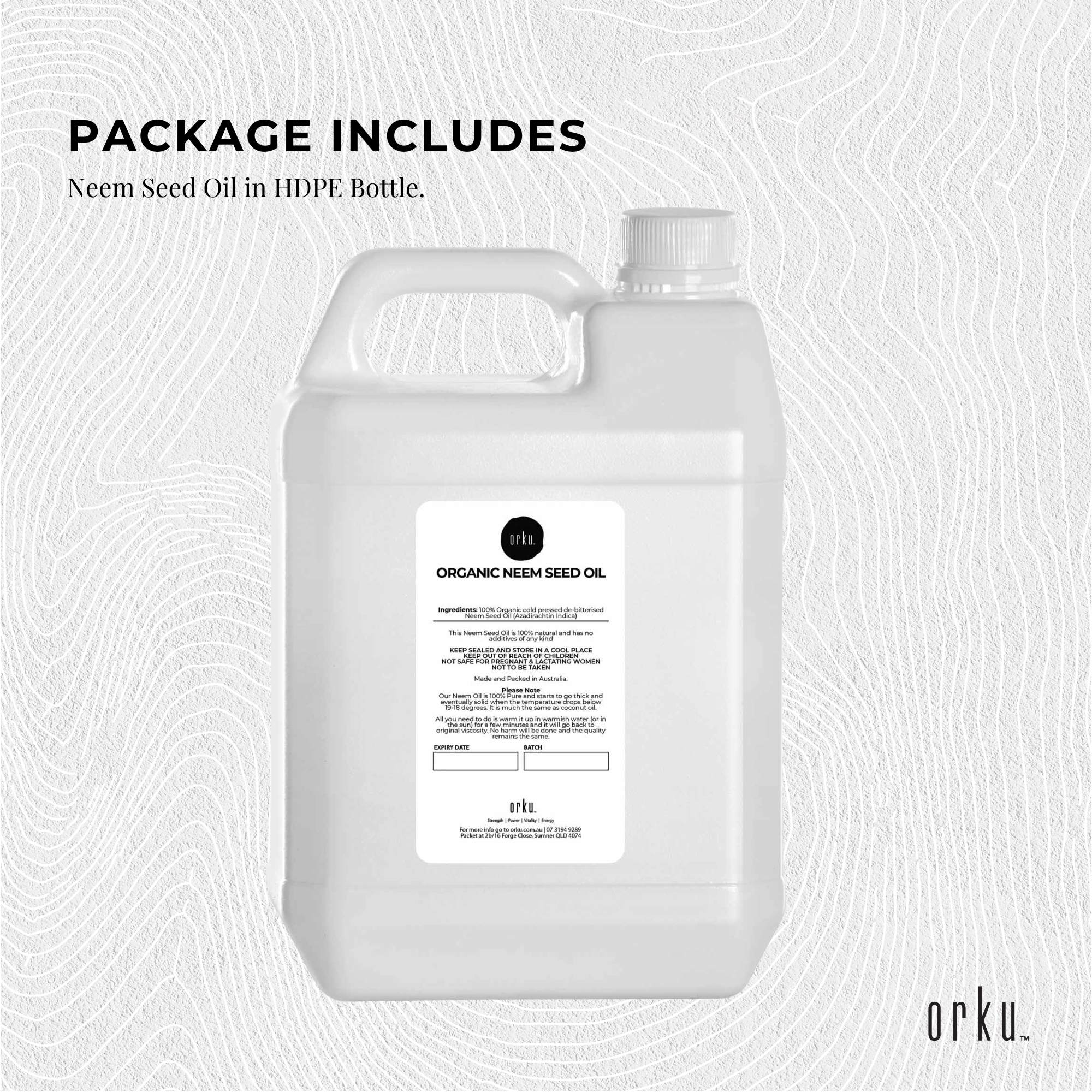 Orku 5L Organic Neem Seed Oil - Debitterised Cold Pressed Azadirachtin Indica