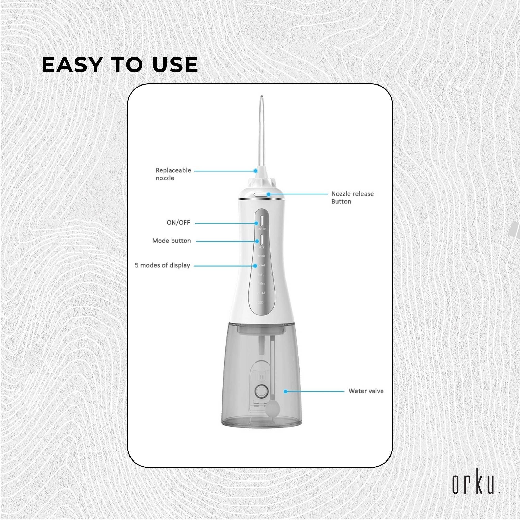 Orku Portable Oral Irrigator Flosser 350ml - Rechargeable Teeth Cleaner