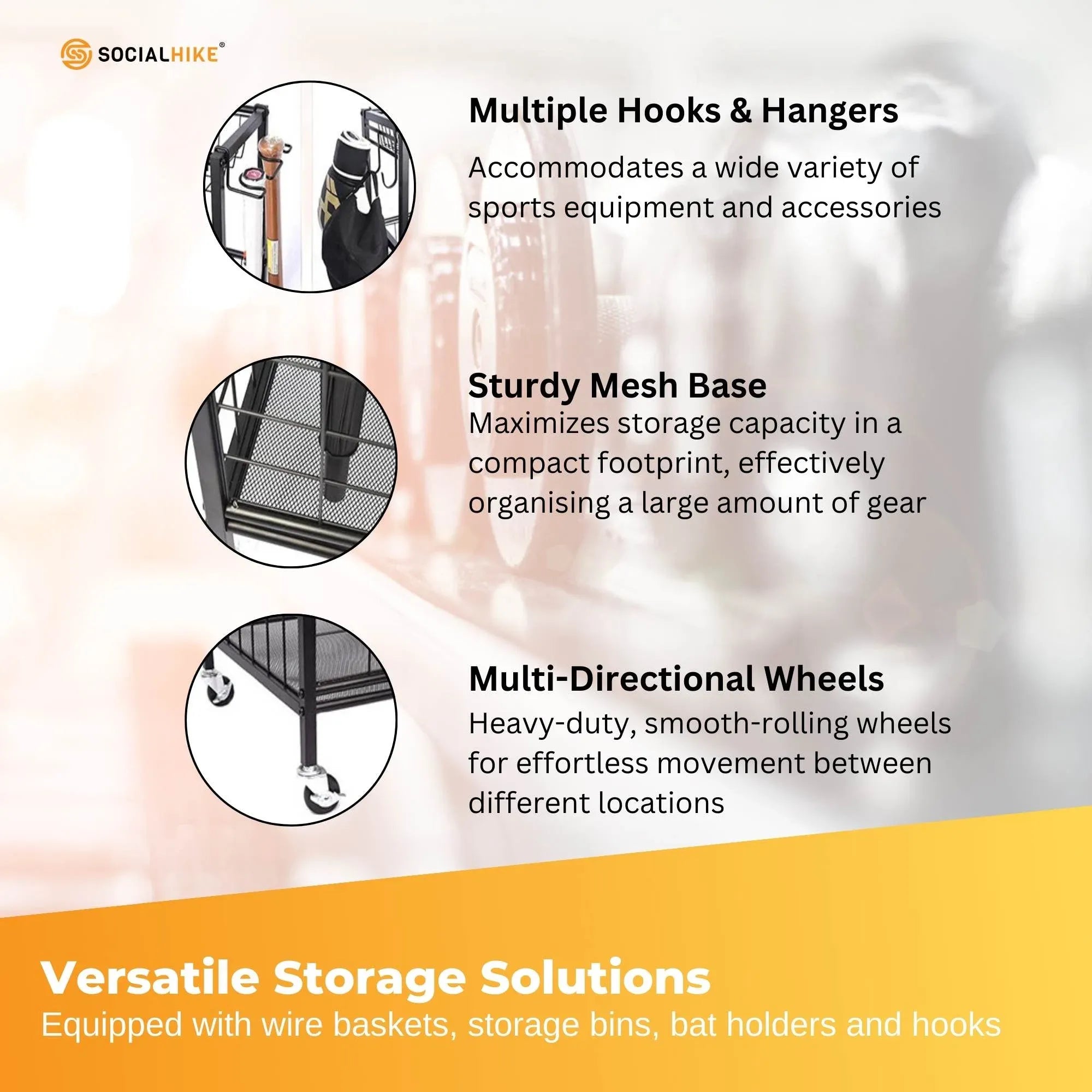 Social Hike Sports Equipment Storage Organiser Trolley on Wheels for Garage