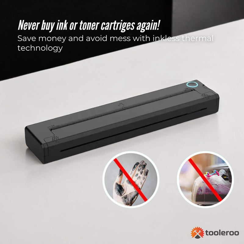 Tooleroo Portable A4 Thermal Printer Black + Paper Kit - Wireless and Inkless