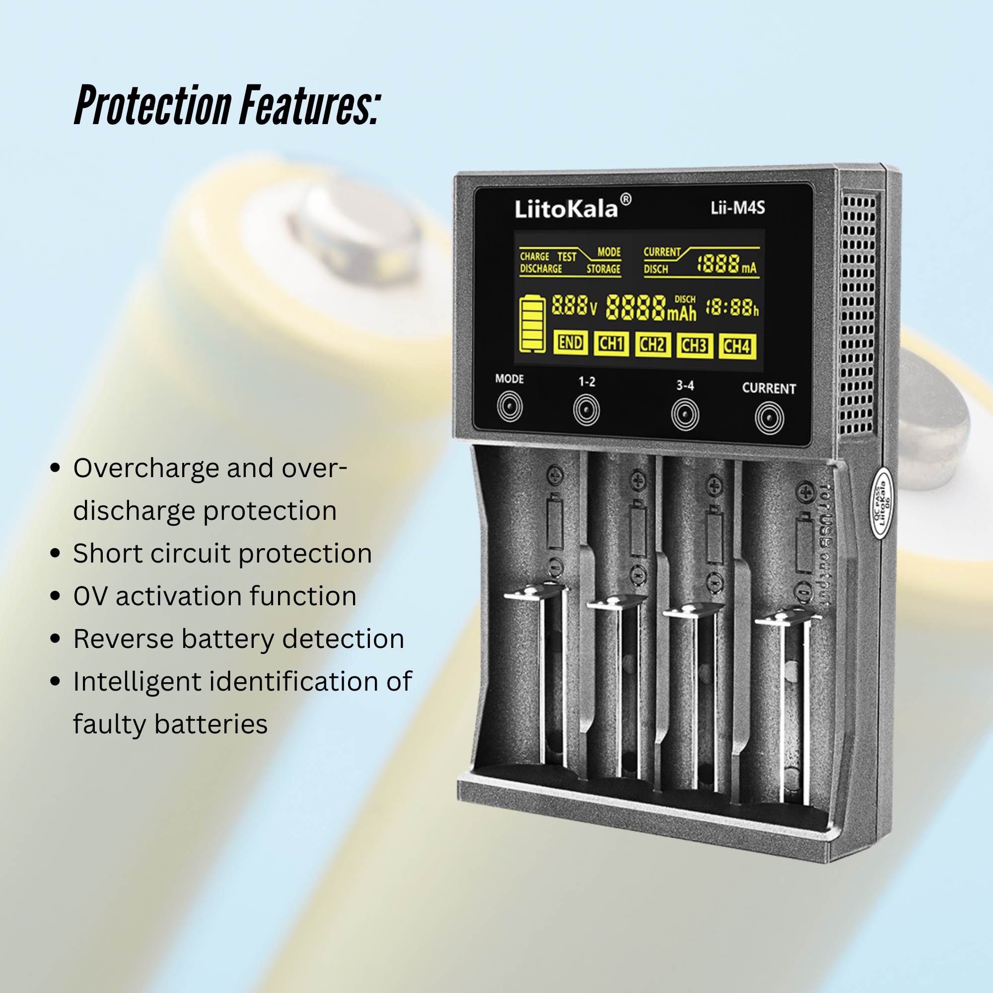 LiitoKala Lii-M4S Battery Charger LCD 4-Slot USB Li-ion NiMH Test Discharge Mode